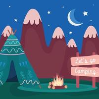 tent camping with campfire and mountains vector