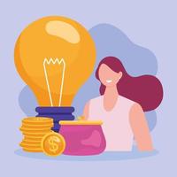 young woman with bulb and coins in purse vector