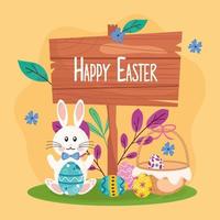 happy easter lettering in wooden label with rabbit and eggs painted in basket vector