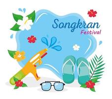 happy songkran festival lettering with water gun and glasses vector