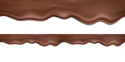 Seamless vector horizontal realistic dark or milk chocolate with drip and shadows.A smooth wave of flowing melted chocolate, cocoa or chocolate dessert.Liquid flowing chocolate isolated.