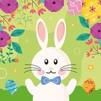 cute easter rabbit with bowtie character and flowers frame vector