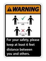 Advertencia: mantenga una distancia de 6 pies; por su seguridad, mantenga una distancia de al menos 6 pies entre usted y los demás. vector
