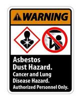 etiqueta de seguridad de advertencia, peligro de polvo de amianto, peligro de cáncer y enfermedad pulmonar solo personal autorizado vector
