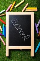 Back to school, blackboard layout and accessories vivid colorful. Copy space photo