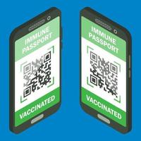 Travel immune passport in mobile phone. Isometric immunity certificate for safe traveling or shopping. Electronic health passport with QR code. Immunity digital document from coronavirus vector