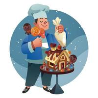 A Boy Decorating A Ginger Bread House vector
