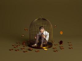 person inside a golden cage with coins around photo