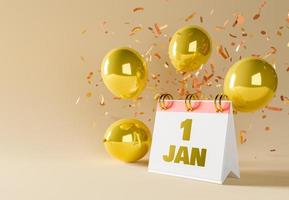 Calendario del 1 de enero con globos dorados y confeti.