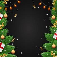 Dark Christmas background, Christmas tree with decorations, toys and gifts, white background under the text photo