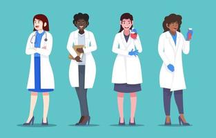 Conjunto de personajes científicos femeninos en laboratorio. vector