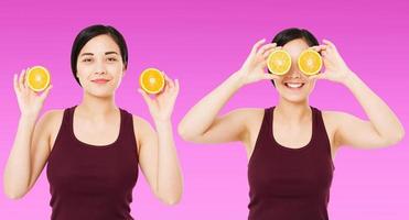 collage happy chinese,asian woman,girl holding pieces of oranges isolated on purple background, skin care cosmetic concept, copy space,billboard blank photo