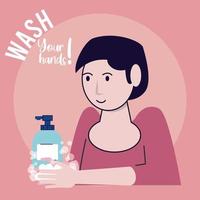 wash your hands campaign poster with woman soap bottle vector