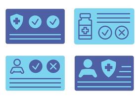 Vaccination certificate against Covid-19 with check mark, vial, shield and medical cross. Passport for travel in time pandemic. Medical record in blue color. Health card vector