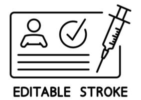 Vaccination certificate against covid-19 with check mark and medical syringe. Passport for travel in time pandemic. Medical record. Immunization concept. Editable stroke. Vector