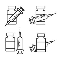 Icono de línea de vacuna de coronavirus. jeringa con signo de vial. botella de vacuna médica con símbolo de jeringa. estilo lineal, vacunación contra coronavirus. trazo editable. concepto de inmunización vector