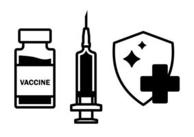 icono de jeringa, vial y escudo. concepto de vacunación y protección de diferentes infecciones. concepto de inmunización. vacunación contra el virus corona. herramienta de inyección para el tratamiento de inmunización covid-19 vector