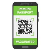 Travel immune passport in mobile phone. Covid-19 immunity certificate for safe traveling or shopping. Electronic health passport with QR code. Immunity digital document from coronavirus vector