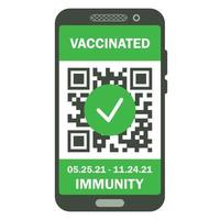 Travel immune passport in mobile phone. Covid-19 immunity certificate for safe traveling or shopping. Electronic health passport with QR code. Immunity digital document from coronavirus vector