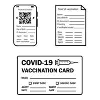 pasaporte de la vacuna. certificado o tarjeta de vacunación contra el covid-19. documento en papel y digital para demostrar que una persona ha sido vacunada con la vacuna covid-19. vector