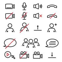 Webinar stream or video chat control icons. Speaker, microphone, video camera, phone, record and other related icons. Basic icons for Video Conference, Webinar and Video chat. Vector