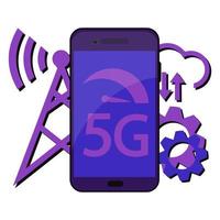 Concepto de tecnología 5g. smartphone con símbolo 5g y con torre inalámbrica. nueva red móvil de quinta generación, sistemas inalámbricos de conexión de alta velocidad y más vector