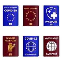 Set of immunity passports. Travel immune document. Checking immunization against diseases. Control Covid-19 in European Union. Immunity paper document from coronavirus. Green health passport vector