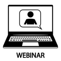 Laptop with people and speech bubble for video conference, webinar, video chats, conference. Online communication, chatting. Customer support. Online training in laptop icon in simple design vector