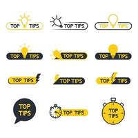 Top tips, helpful tricks, tooltip, hint for website. Set of tricks top tip solution, helpful advice text shapes. Vector icon of solution, advice. Helpful idea outline icons