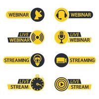 Live webinar and stream button icons. Flat icons for video conference, webinar, Video chats, online course, distance education, video lecture, conference, live streaming. Broadcasting symbols vector