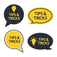 Tips and tricks, helpful tips, tooltip, hint for website. Set of tricks solution, helpful advice text shapes. Vector icon of solution, advice. Helpful idea icons. Vector