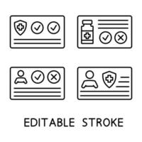 Vaccination certificate against Covid-19 with check mark, vial, shield and medical cross. Passport for travel in time pandemic. Medical record. Health card. Editable stroke. Vector