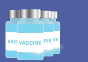 Medical bottle with coronavirus vaccine. Blue realistic vial with medical liquid. Vaccination from coronavirus. Immunization concept. Set of vaccine bottles. Vector