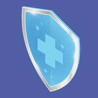 Antibacterial sanitizer or antiseptic label. Antimicrobial, resistant badge. Isometric symbol of protection. Blue, glossy shield with silver trim. Medical protection shield with cross sign vector