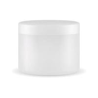 White cream jar blank. Body scrub plastic packaging template. Face powder butter glossy pack. Round cosmetic canister, blush cover for branding identity. Beauty creme container vector