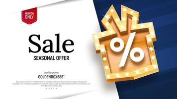 Sale vector banner with golden gift box and percentage sign retro board broadway vector illustration. Special offer discount on white and blue background.