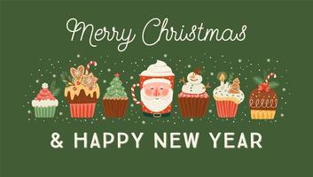Christmas and Happy New Year banner with christmas sweet and drink.