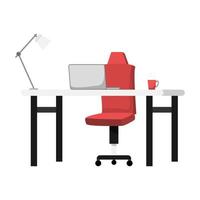 Escritorio para el hogar o la oficina con silla, computadora portátil, lámpara, moderno, colorido, estilo plano, vector, ilustración, aislado, blanco, plano de fondo vector