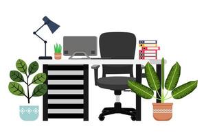 Cute beautiful modern home office desk with chair table laptop computer table lamp and some paper folder file and with house plants vector