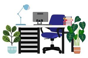 Cute beautiful modern home office desk with chair table laptop computer table lamp and some paper folder file and with house plants isolated vector