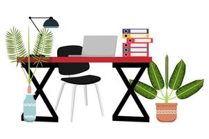 lindo, hermoso y moderno escritorio de oficina en casa con silla, mesa, computadora portátil, lámpara de mesa y un poco de archivo de carpeta de papel y con plantas de interior coloridas vector