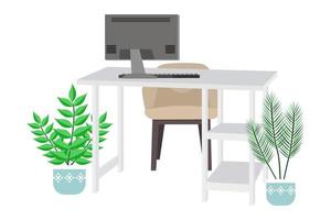 Hermoso y moderno escritorio de oficina en casa con mesa de silla y cajón y lámpara de mesa aislada con plantas de interior vector