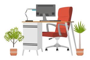 Beautiful modern home office desk with chair table and drawer and table lamp with house plants isolated vector