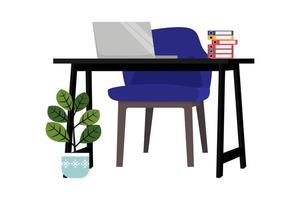 lindo y hermoso escritorio para autónomo y oficina en casa con silla, mesa, computadora portátil, carpeta de archivos, pila de papel y plantas vector