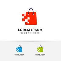 plantilla de diseño de logotipo de tienda de píxeles. bolsa de compras, icono, diseño, stock vector