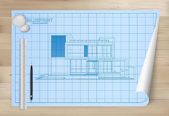 Idea of house on blueprint paper background. Architectural drawing paper on wooden texture background. Vector.