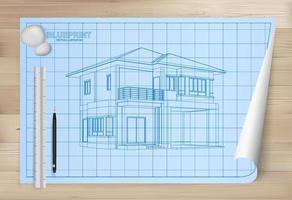 Idea of house on blueprint paper background. Architectural drawing paper on wooden texture background. Vector. vector