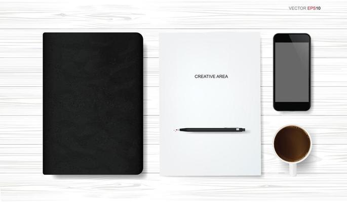 Top view business object background. Coffee cup, black notebook, white paper and metallic pencil on white wood. Vector.