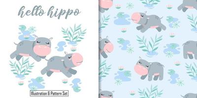 Cute hippo seamless pattern with illustration cartoon baby shower card vector