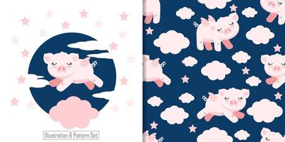 Cute pig seamless pattern with illustration cartoon baby shower card vector